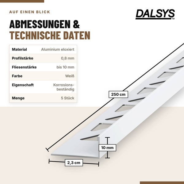 Dalsys Fliesenprofil aus eloxiertem Aluminium, 250 cm Länge, 10 mm Höhe, für Fliesen bis 10 mm Stärke, 5 Stück im Set, korrosionsbeständig.