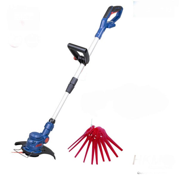 Akku-Rasentrimmer mit verstellbarem Teleskopstiel und einem Set Ersatzmesser aus Kunststoff.