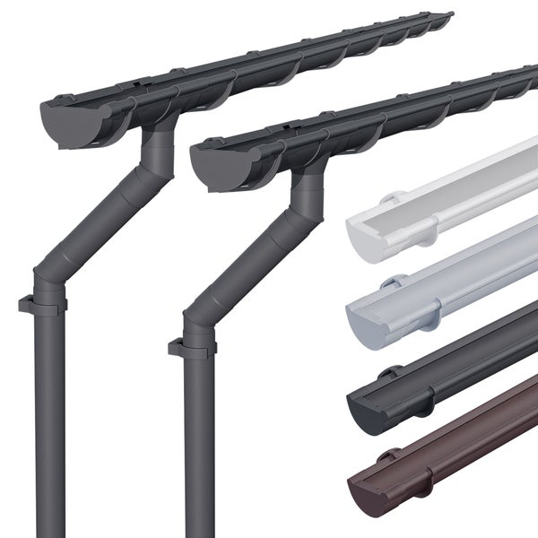Dachrinnensystem aus Kunststoff mit Fallrohr, Bögen und Halterungen in verschiedenen Ausführungen.