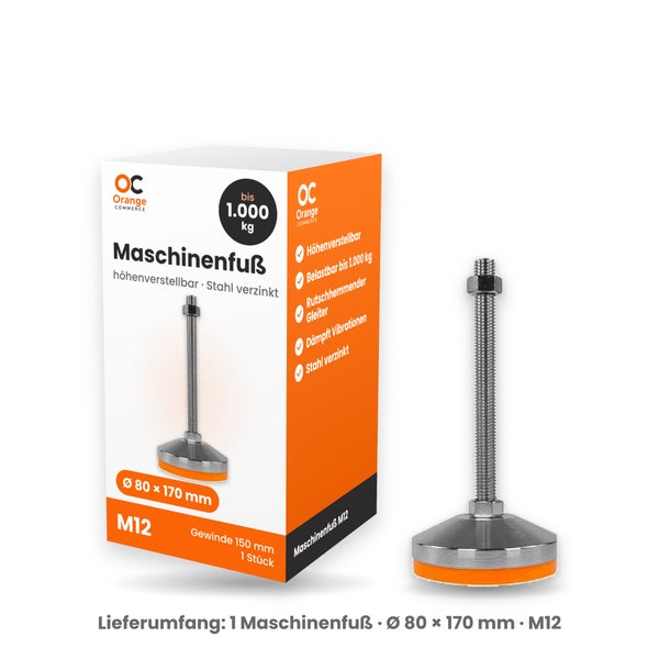 Maschinenfuß von Orange Commerce, höhenverstellbar, aus verzinktem Stahl, M12 Gewinde, 80 mal 170 Millimeter, belastbar bis 1000 Kilogramm.