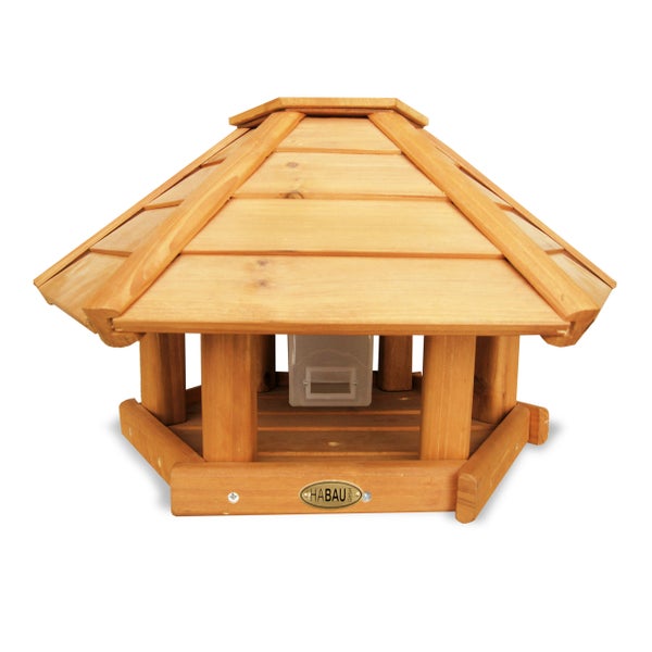 Vogelhaus aus Holz mit Futtersilo und Habau Logo