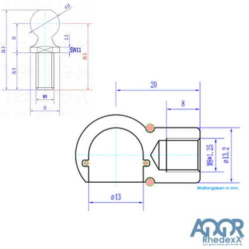 Technische Zeichnung Kugelzapfen und Kugelpfanne mit Maßangaben in Millimeter, Durchmesser 13 Millimeter, Gewinde M8, AQR RhedexX Logo.