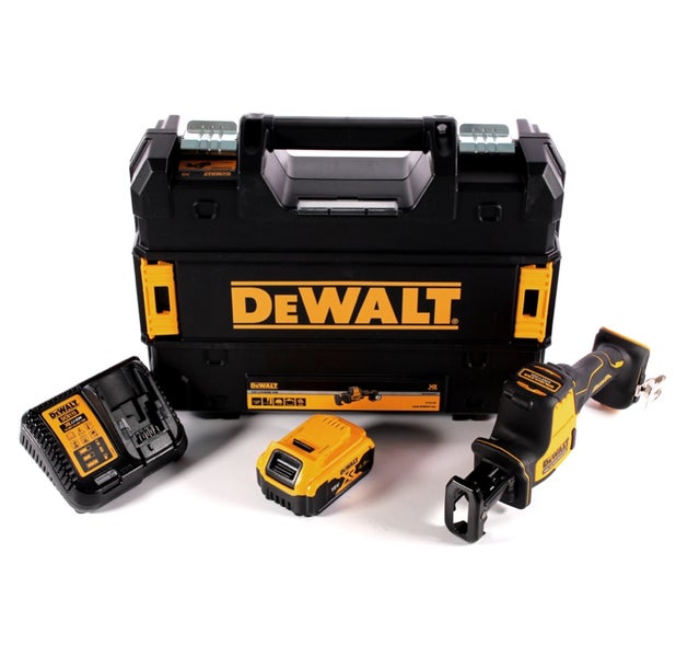 DeWALT Akku-Säbelsäge-Set mit 18 Volt Akku, Ladegerät und Transportkoffer.