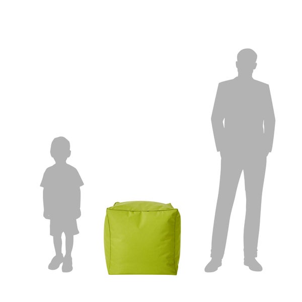 Quadratischer Sitzhocker als Sitzsack mit Silhouetten eines Erwachsenen und eines Kindes zum Größenvergleich