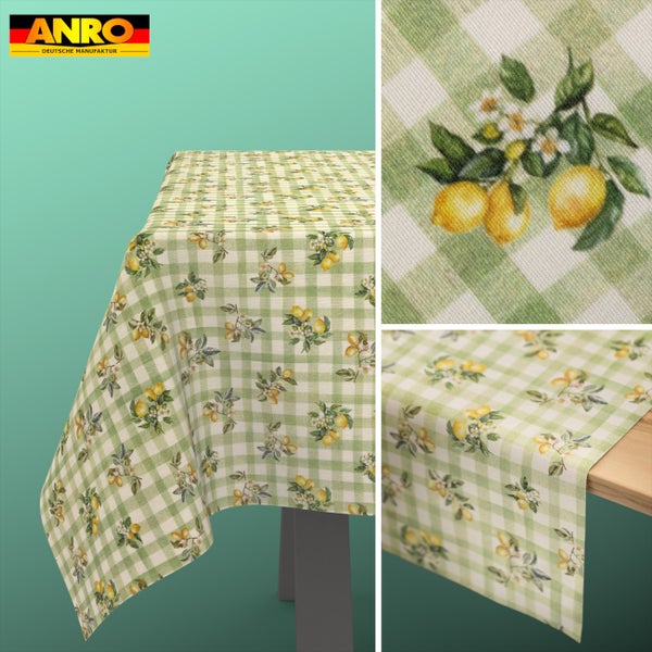 ANRO Logo. Tischdecke und Tischläufer mit Karomuster und Zitronenmotiv.