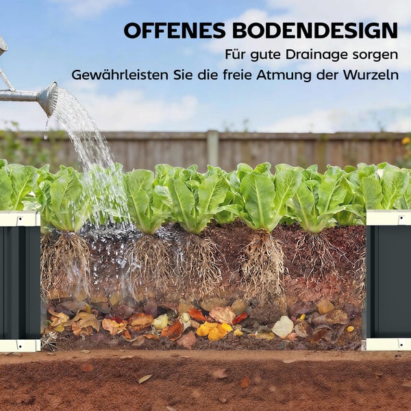 Querschnitt eines Hochbeetes mit offenem Boden zeigt Drainage, Wurzelatmung und Bewässerung von Salatpflanzen.