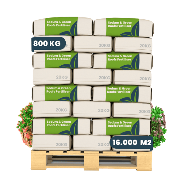 Palette mit 800 Kilogramm Sedum und Gründach Dünger in 20 Kilogramm Säcken für 16000 Quadratmeter