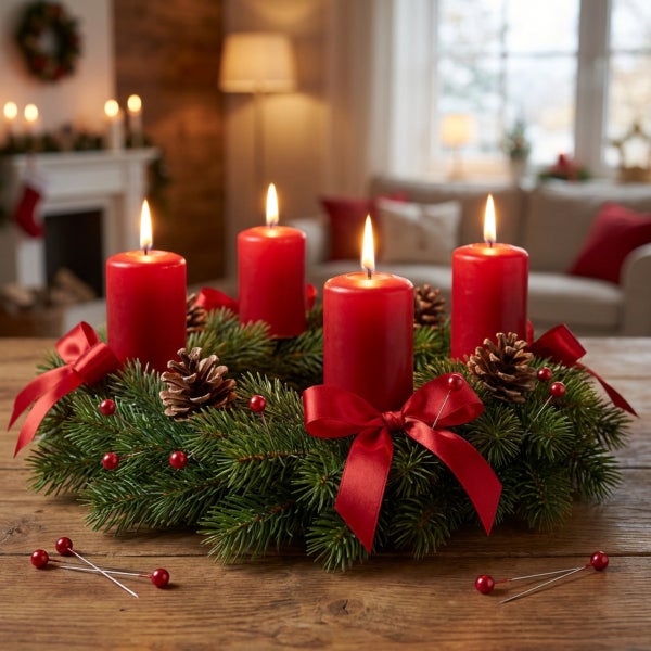 Adventskranz aus Tannenzweigen mit vier brennenden Stumpenkerzen, dekoriert mit Tannenzapfen und Schleifen auf einem Holztisch in einem Wohnzimmer.
