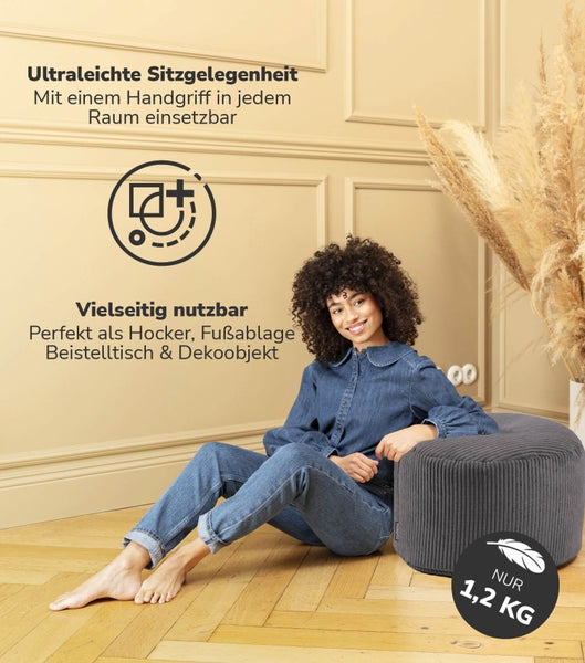mokebo Pouf oder Sitzhocker aus Cord 'Der Faule Lenz', Fußhocker in Anthrazit mit EPS-Perlen Füllung