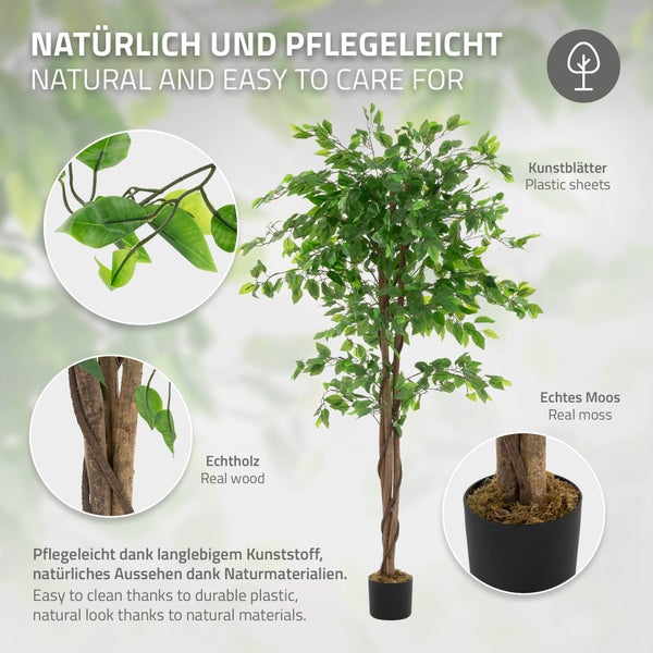Künstlicher Ficusbaum mit Kunststoffblättern, Echtholz und echtem Moos im Topf