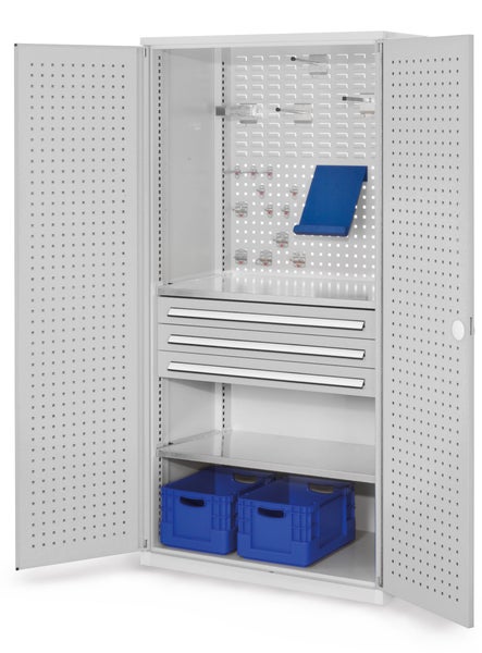 Werkstattschrank mit Lochwand, Schubladen und Regalböden für Werkzeug und Lagerung