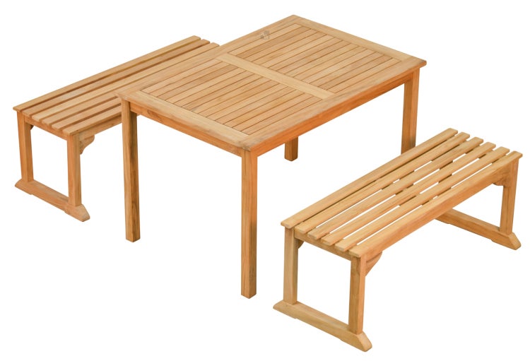 Teak Sitzgruppe 2 Gartenbänke 120 cm ohne Lehnen 1 Tisch 120 x 80 cm im Set