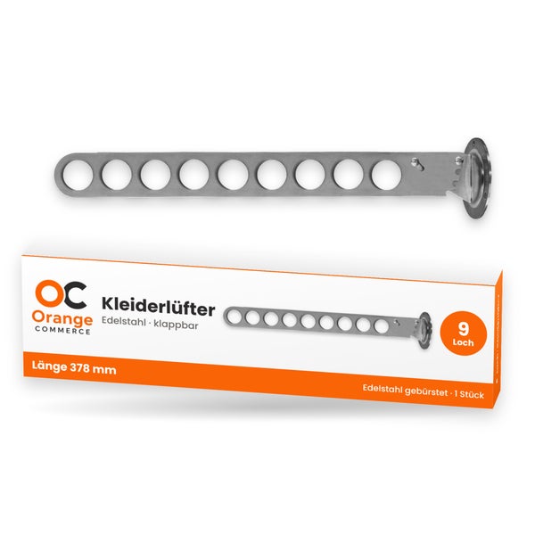 Klappbarer Kleiderlüfter aus gebürstetem Edelstahl mit 9 Löchern und einer Länge von 378 Millimeter von Orange Commerce.