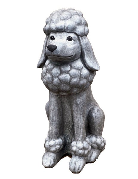 Gartenfigur Pudel aus Steinguss, sitzender Hund zur Dekoration im Außenbereich