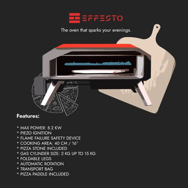 Effesto Pizzaofen mit Funktionen wie Piezozündung und automatischer Rotation