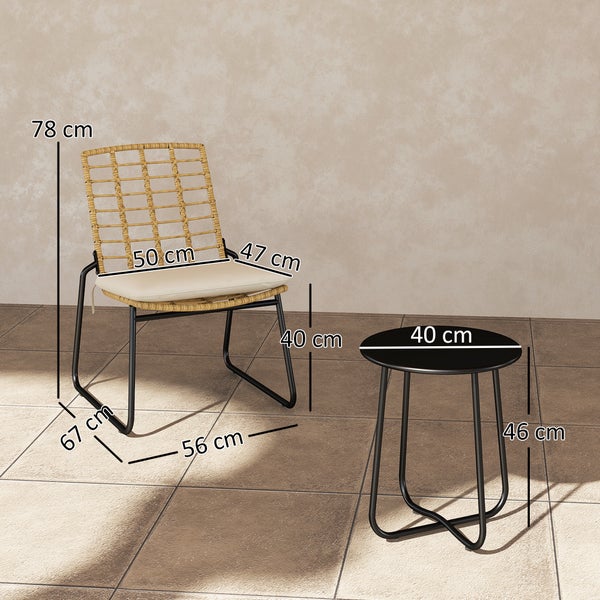 Outsunny Rattan Gartenmöbel Set, Balkonmöbel Set für 2 Personen 3-teilig Outdoor Sitzgruppe mit 2 stapelbar Stühle, Tisch Kissen wetterfest Garten Lounge für Terrasse Balkon, Beige & Braun