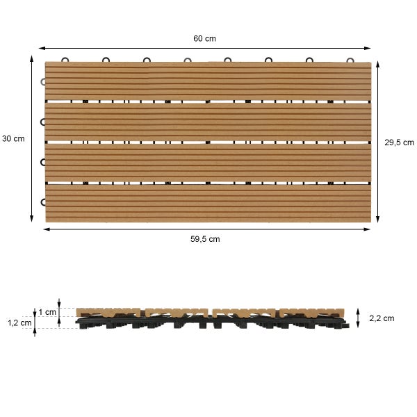 ECD Germany WPC Terrassenfliesen 60x30 cm 18er Spar Set für 3m² Teak in Holzoptik für Garten Balkon Bodenbelag mit Drainage und Klicksystem Terrassendielen Balkonfliesen Klickfliesen Holzfliesen