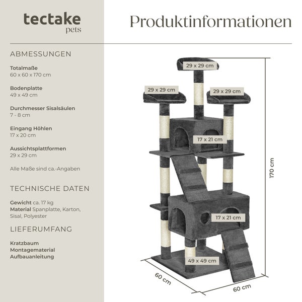 Kratzbaum tectake Mogli inklusive 2 Treppen und Kippschutz 170 cm grau