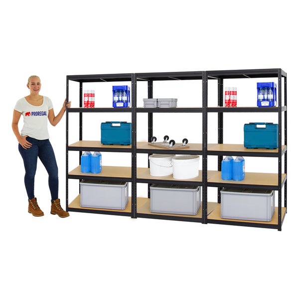 PROREGAL Mega Deal 3x Schwerlastregal Slim Elephant M HxBxT 180 x 90 x 60 cm 5 Ebenen Fachlast 350 kg Schwarz