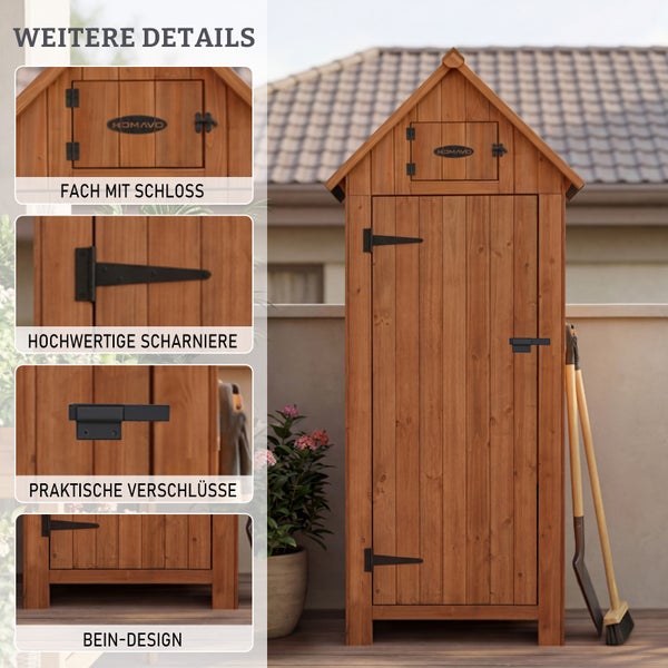 Geräteschrank aus Holz mit Satteldach und Details zu Fach, Scharnieren, Verschluss und Standbeinen für Garten und Terrasse.