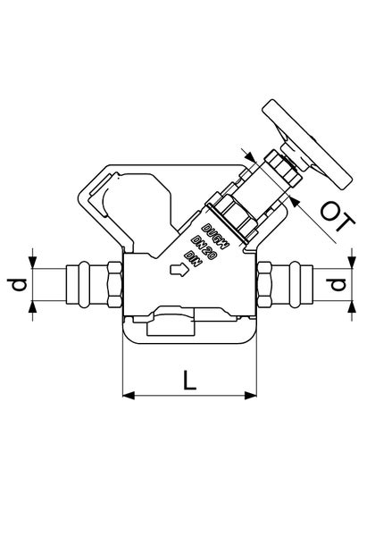 Technische Zeichnung eines Schrägsitzventils Nennweite 20 mit Maßangaben für Länge, Durchmesser und Oberteilhöhe.
