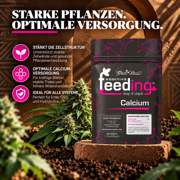 Green House Feeding Calcium Additiv Verpackung mit Pflanzeninformationen und Anwendungshinweisen für Erden, Kokos und Hydrokulturen
