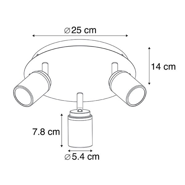 Technische Zeichnung einer Deckenleuchte mit drei Strahlern und Maßangaben