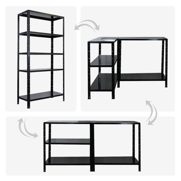 Mehrfachansicht eines Metallregals mit mehreren Fachböden, das verschiedene Aufbauvarianten zeigt.