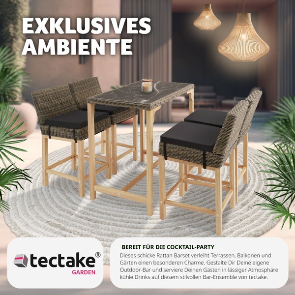 Rattan Tisch Kutina mit 4 Stühlen Latina tectake  Beine aus Holz mit Aluminiumgestellen natur