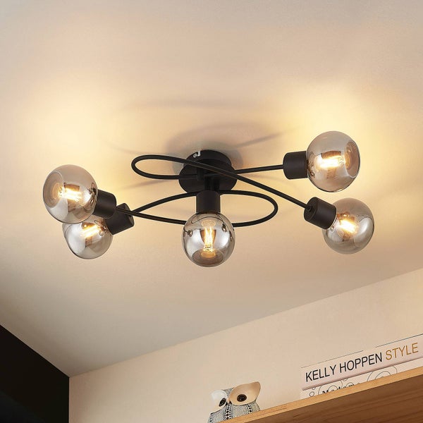 Deckenleuchte mit fünf Leuchten und grauen Glaskugeln