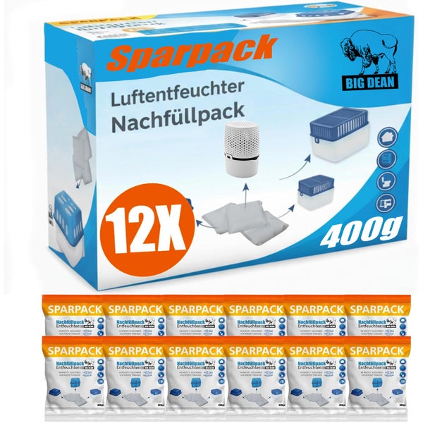 Big Dean Luftentfeuchter Nachfüllpack Sparpaket mit zwölf Beuteln zu je 400 Gramm für Räume