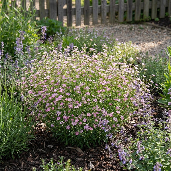 Blühendes Teppich-Schleierkraut mit vielen kleinen rosa Blüten in einem Gartenbeet mit Rindenmulch vor einem Holzzaun.