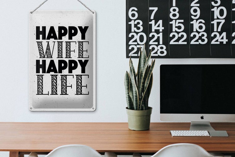 Blechschild Spruch Frau Happy wife happy Life 20x30cm weißes Schild