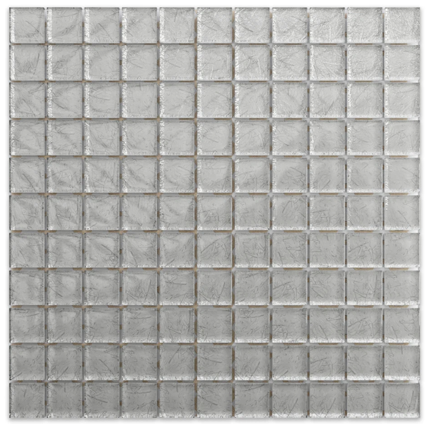 Quadratisches Glasmosaik mit strukturierter Oberfläche.