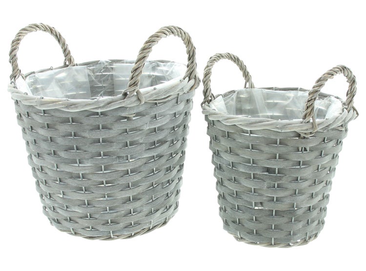 FRANK FLECHTWAREN | Pflanzkorb Grau gekalkt, 2er Set, HOLZSPAN, PAPPEL, METALL, WEIDE, Ø 17 x 17 cm, Ø 25 x 19 cm