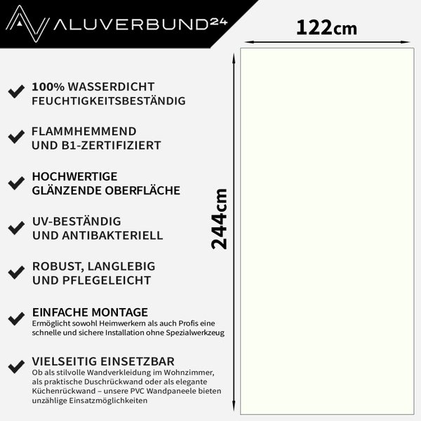 Aluverbund24 Logo. Wandpaneel mit den Maßen 122 x 244 cm, wasserdicht, feuchtigkeitsbeständig, schwer entflammbar, B1 zertifiziert, UV beständig und antibakteriell.