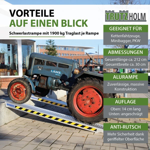 Trutzholm Schwerlastrampe aus Aluminium mit 1900 Kilogramm Traglast, 212 Zentimeter Länge und rutschfester Oberfläche für Baufahrzeuge.