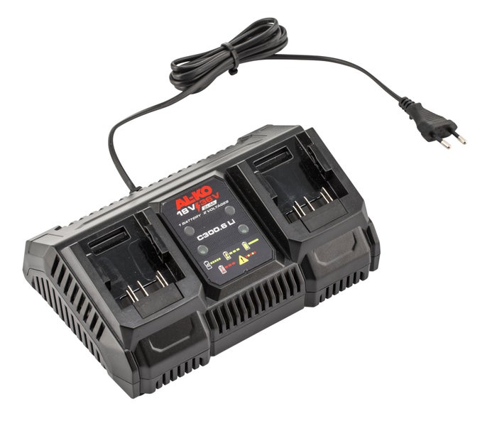 AL-KO Doppel-Ladegerät C300.6 Li für 18 Volt und 36 Volt Akkus mit zwei Steckplätzen und Netzkabel.