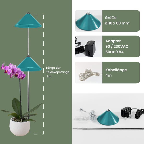 Parus by Venso SUNLiTE LED Pflanzenlampe klein 7W Petrol , Wachstumslampe mit Teleskopstab, Grow Light für Zimmerpflanzen und Grünpflanzen