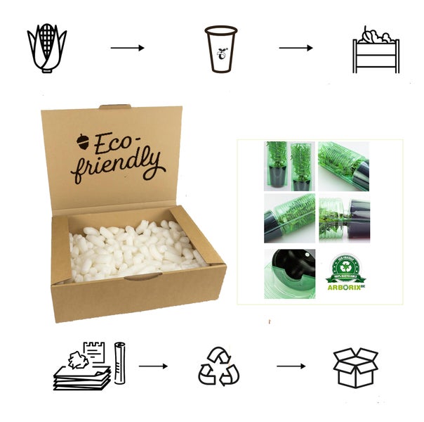 Darstellung des Produktionsprozesses von Pflanzenverpackungen, beginnend mit Mais als Rohstoff, der in kompostierbare Behälter und schließlich in eine Kiste mit Pflanzen überführt wird. Die Verpackung ist umweltfreundlich und recycelbar.
