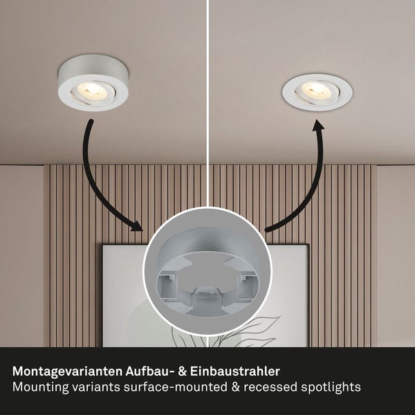 Briloner Desi 2 in 1 LED Aufbauspot und Einbaustrahler, 2 in 1 LED Aufbauspot und Einbaustrahler, Schwenkbar, Flach, Warmweißes Licht, Chrom-Matt, Ø9 x 3 cm