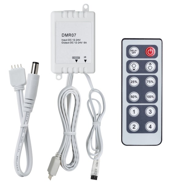 LED-Controller-Set mit Fernbedienung, Steuerbox DMR07 und Anschlusskabeln für 12 bis 24 Volt.