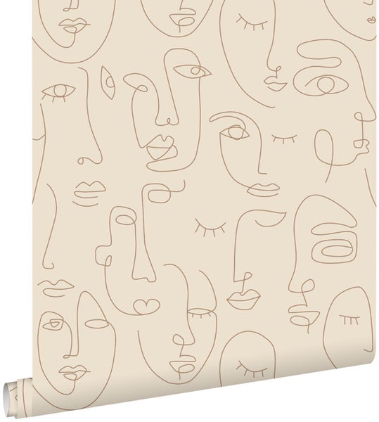 ESTAhome Tapete Line Art Gesichter Hellbeige - 53 cm x 10.05 m - 139374