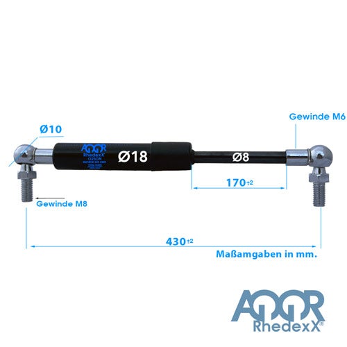 Rhedexx Gasdruckfeder mit Maßangaben: Gesamtlänge 430 Millimeter, Hub 170 Millimeter, Zylinder Durchmesser 18 Millimeter, Gewinde M8 und M6.