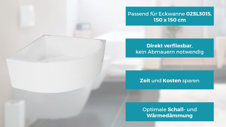 Wannenträger für Eckbadewanne 150 x 150 cm. Direkt verfliesbar, kein Abmauern nötig, bietet Schall- und Wärmedämmung.