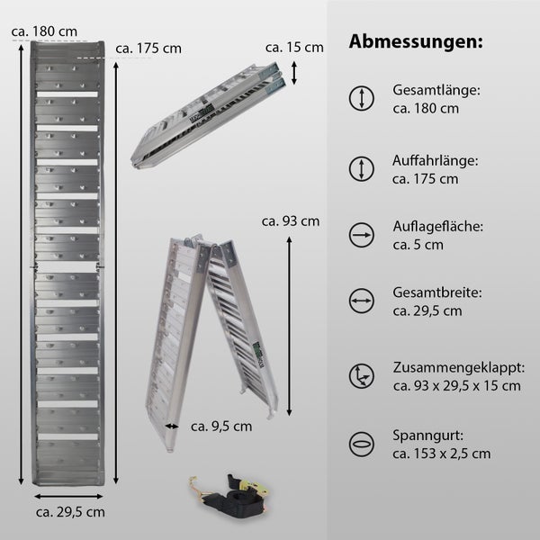 TRUTZHOLM 1 x Auffahrrampe klappbar 180 cm Traglast 200kg Alu grau geriffelt Motorradrampe Verladerampe