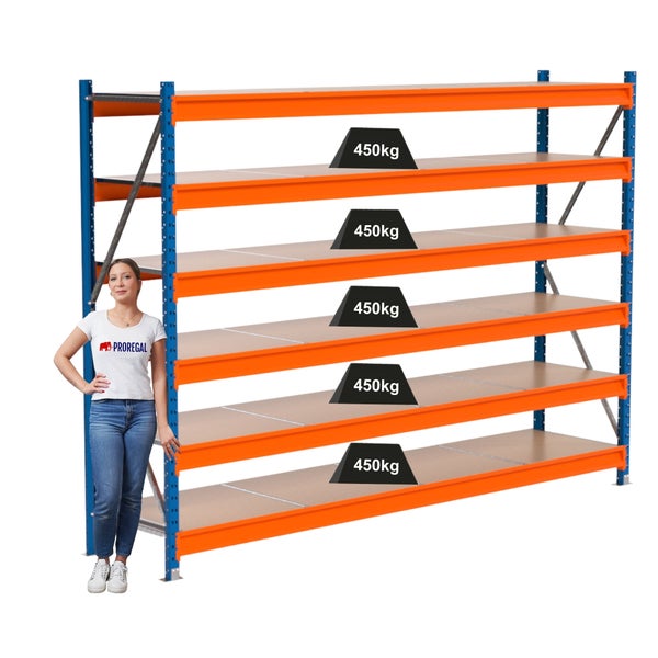 Metallregal mit fünf Regalböden und einer Traglast von 450 Kilogramm