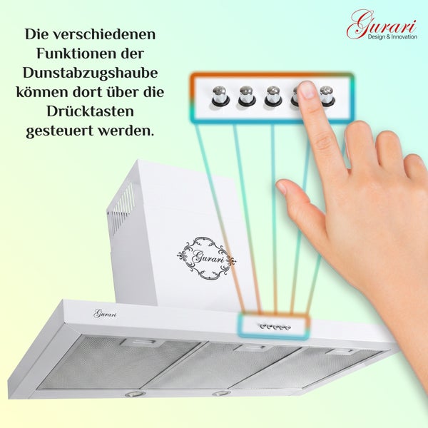 Eine Person bedient die Drücktasten einer weissen Gurari Dunstabzugshaube zur Funktionssteuerung.