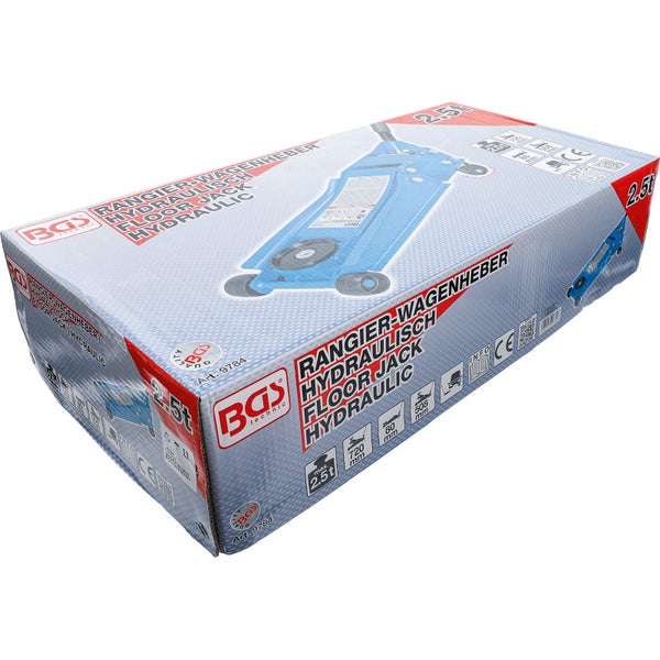 Verpackung für einen hydraulischen Rangierwagenheber von BGS Technic mit einer Tragkraft von 2,5 Tonnen und einer Hubhöhe von 80 bis 508 Millimetern.