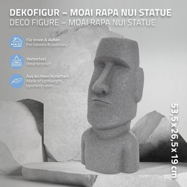 ECD Germany Moai Figur Rapa Nui Kopf 53,5 cm hoch aus wetterfestem Steinguss Kunstharz, Grau, Osterinsel Statue als Dekoration für Haus & Garten, Gartenfigur Dekofigur, Skulptur für Innen & Außen